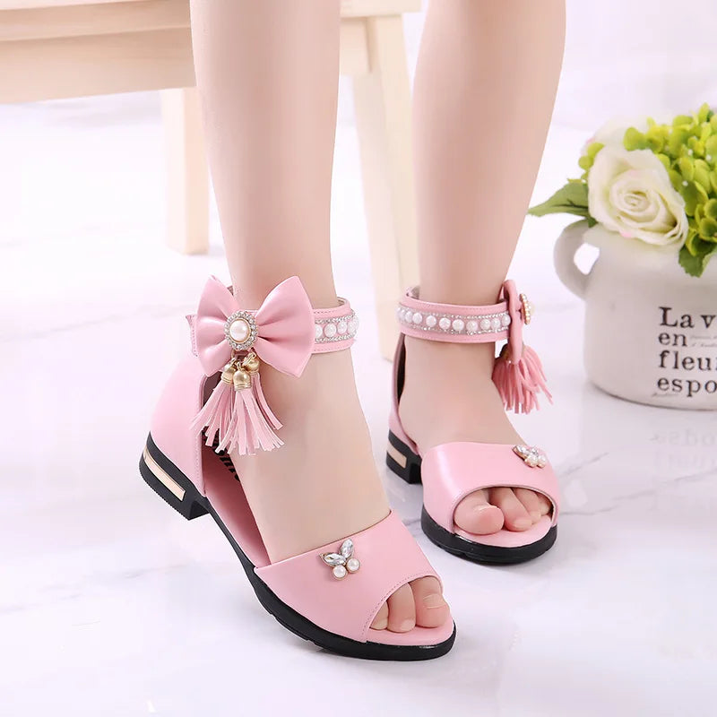 Kids Sandal Girls Summer Shoes Children High Heels For Girl Kids Tassel Beading Princess Shoes 4 5 6 7 8 9 10 11 12 13 14 Years