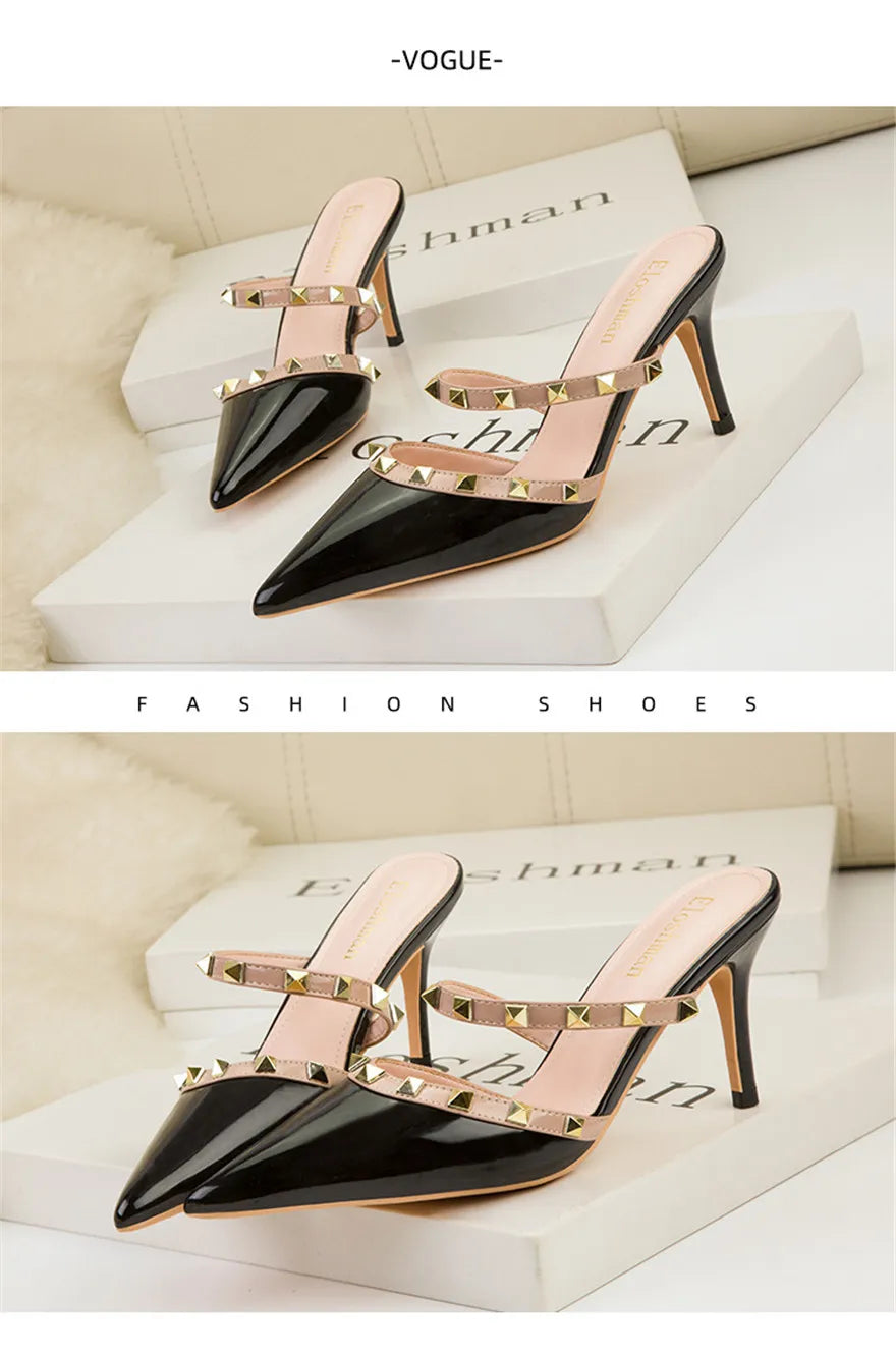 Fashion Rivet Slip On Women Slippers New Summer Pointy Toe High Heels Shoes Party Patent Leather Hollow Sexy Female Sandal Dress