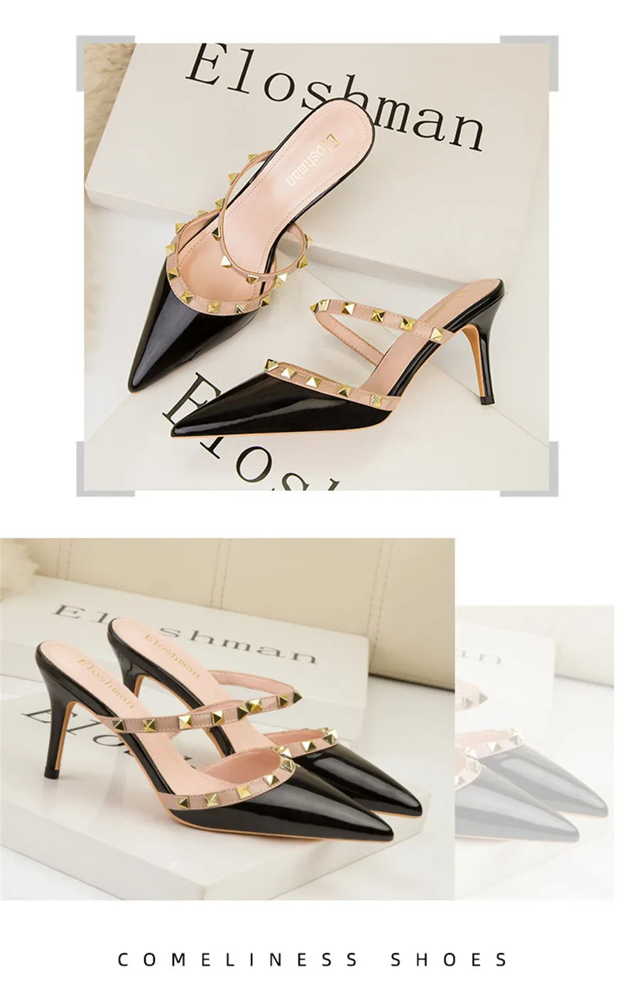 Fashion Rivet Slip On Women Slippers New Summer Pointy Toe High Heels Shoes Party Patent Leather Hollow Sexy Female Sandal Dress