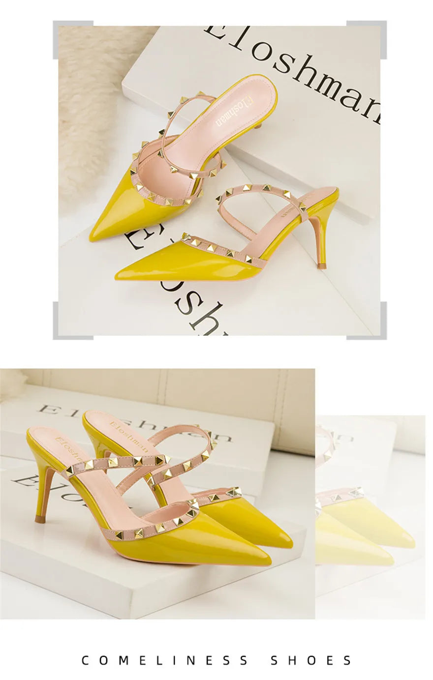 Fashion Rivet Slip On Women Slippers New Summer Pointy Toe High Heels Shoes Party Patent Leather Hollow Sexy Female Sandal Dress