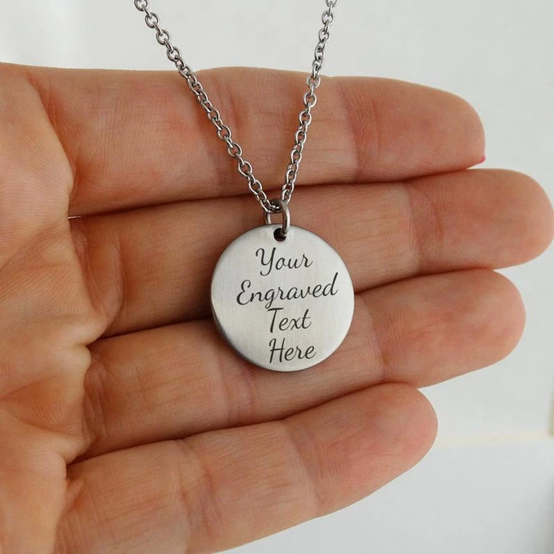 Custom Engraved Names Date Stainless Steel Round Pendant Necklace Personalization Included Text Free with Chain Gift for Lovers