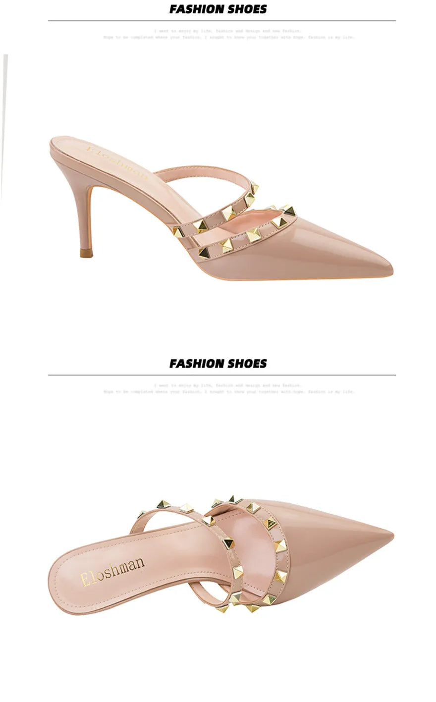 Fashion Rivet Slip On Women Slippers New Summer Pointy Toe High Heels Shoes Party Patent Leather Hollow Sexy Female Sandal Dress