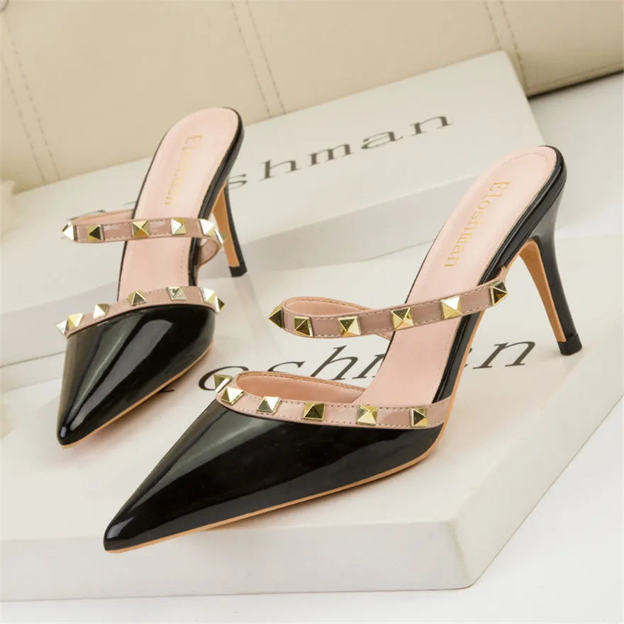 Fashion Rivet Slip On Women Slippers New Summer Pointy Toe High Heels Shoes Party Patent Leather Hollow Sexy Female Sandal Dress