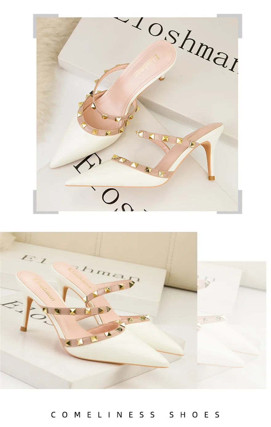 Fashion Rivet Slip On Women Slippers New Summer Pointy Toe High Heels Shoes Party Patent Leather Hollow Sexy Female Sandal Dress