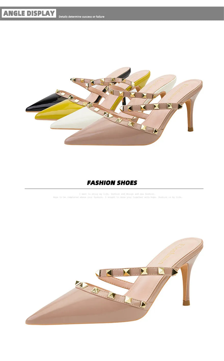 Fashion Rivet Slip On Women Slippers New Summer Pointy Toe High Heels Shoes Party Patent Leather Hollow Sexy Female Sandal Dress