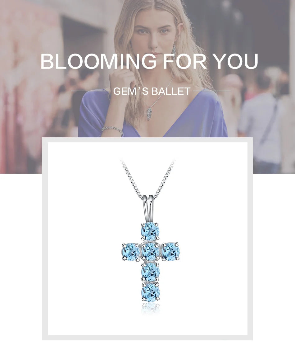 Gem's Ballet Natural Swiss Blue Topaz 925 Sterling Silver Gemstone Cross Pendant Necklaces for Women Fine Jewelry Collares