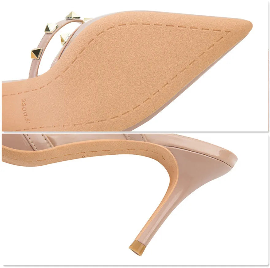 Fashion Rivet Slip On Women Slippers New Summer Pointy Toe High Heels Shoes Party Patent Leather Hollow Sexy Female Sandal Dress