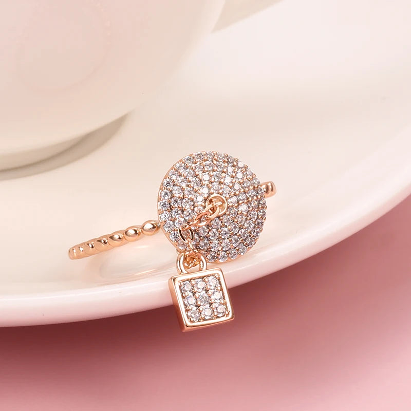 SYOUJYO Natural Zircon Full Paved Round Rings For Women With Lock Designer Works Trendy 585 Rose Gold Color Party Unique Jewelry