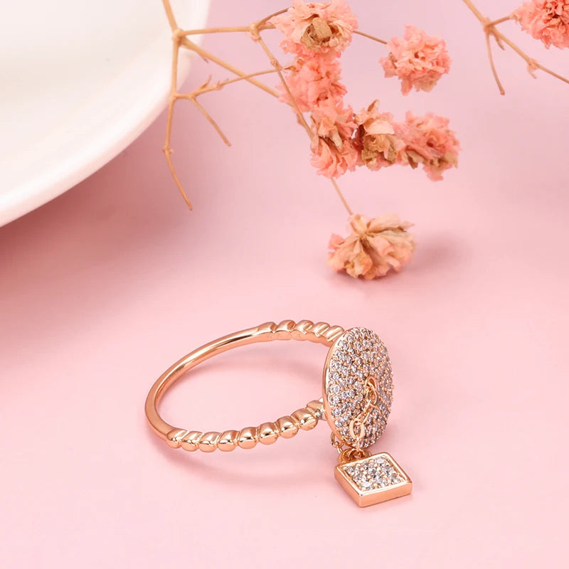 SYOUJYO Natural Zircon Full Paved Round Rings For Women With Lock Designer Works Trendy 585 Rose Gold Color Party Unique Jewelry