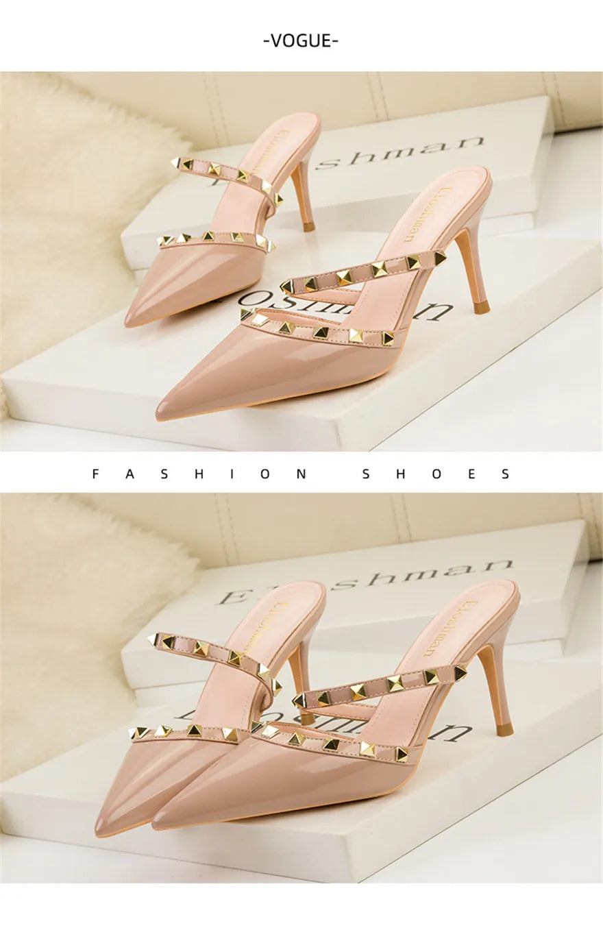 Fashion Rivet Slip On Women Slippers New Summer Pointy Toe High Heels Shoes Party Patent Leather Hollow Sexy Female Sandal Dress