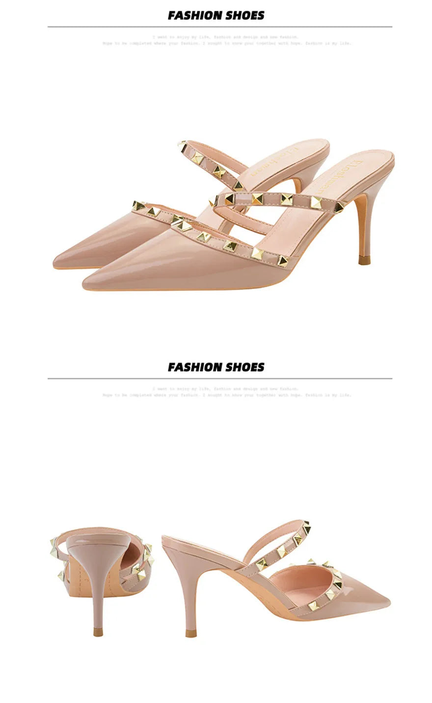 Fashion Rivet Slip On Women Slippers New Summer Pointy Toe High Heels Shoes Party Patent Leather Hollow Sexy Female Sandal Dress