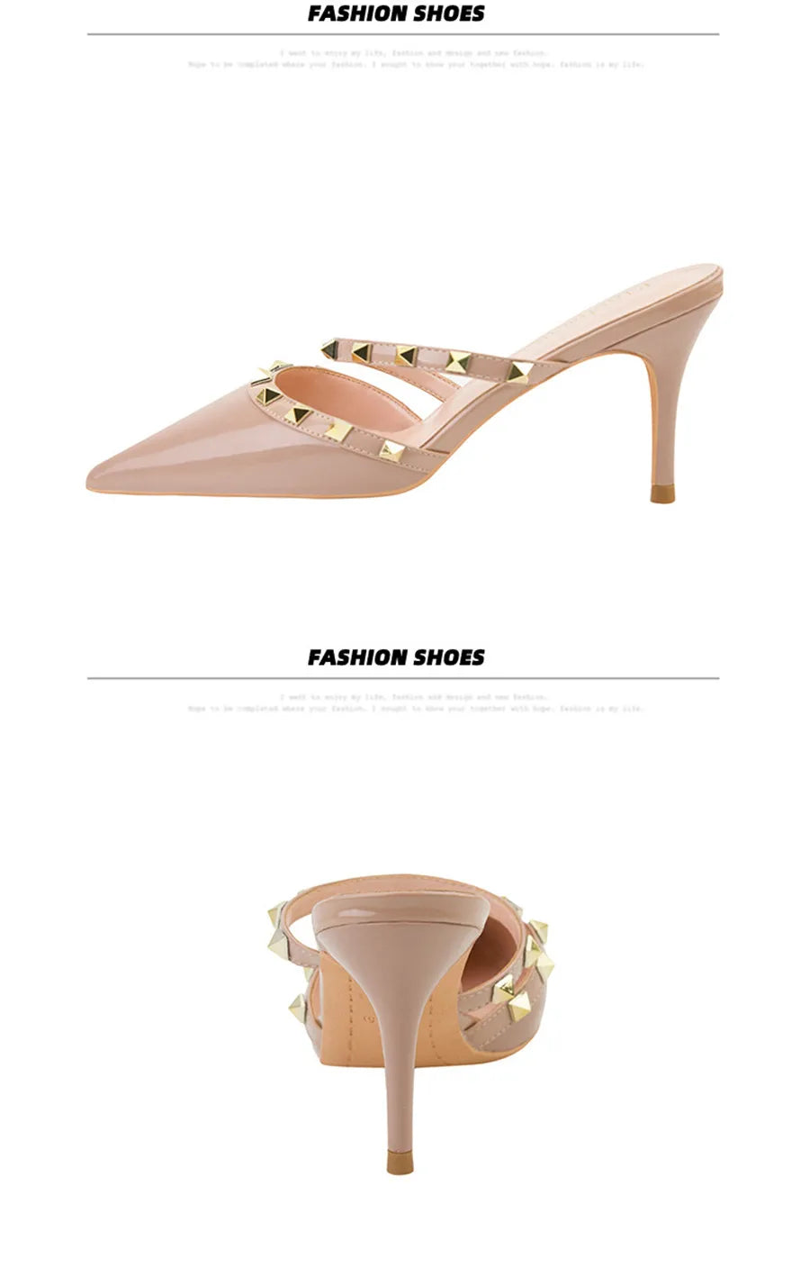 Fashion Rivet Slip On Women Slippers New Summer Pointy Toe High Heels Shoes Party Patent Leather Hollow Sexy Female Sandal Dress