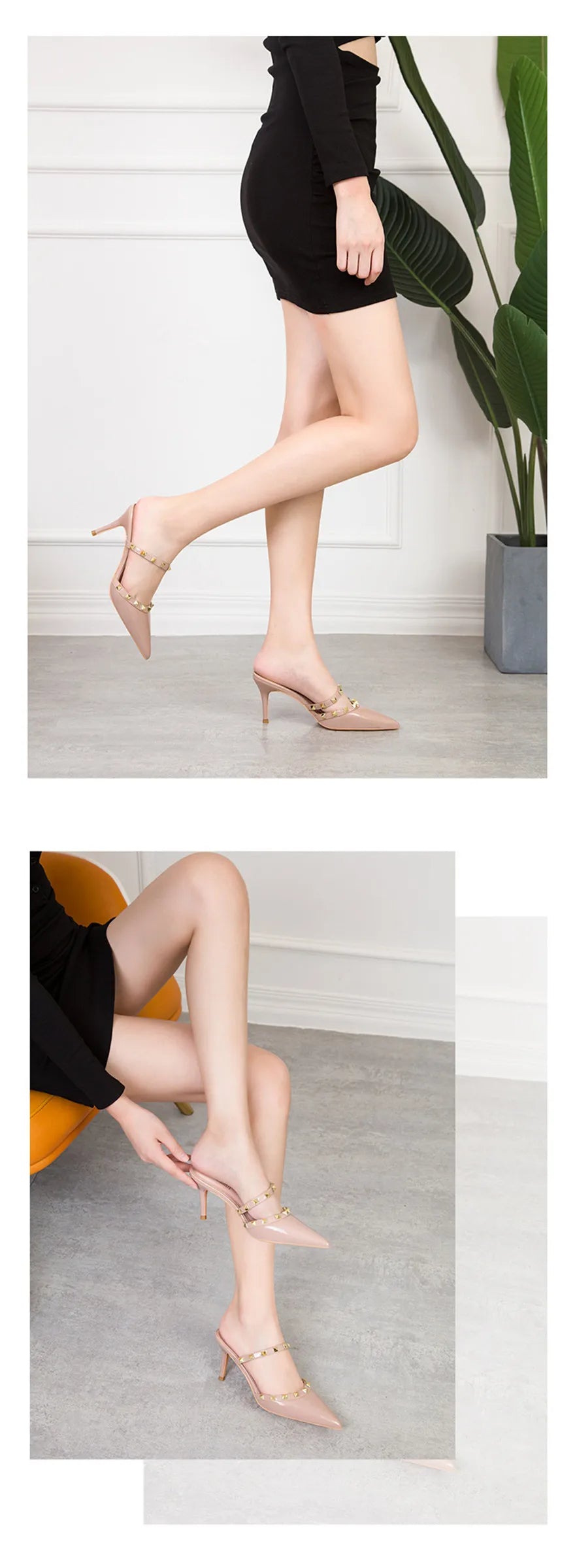 Fashion Rivet Slip On Women Slippers New Summer Pointy Toe High Heels Shoes Party Patent Leather Hollow Sexy Female Sandal Dress