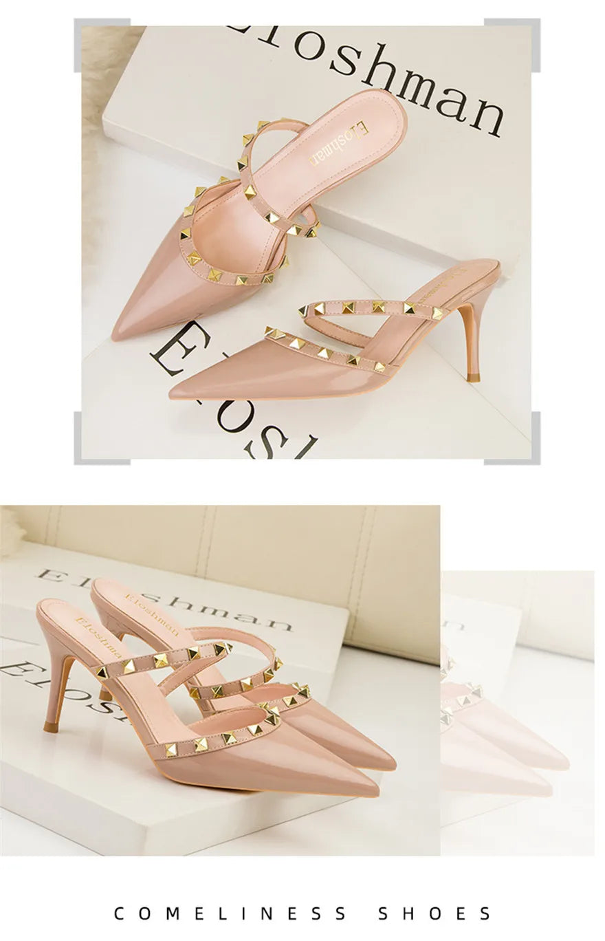 Fashion Rivet Slip On Women Slippers New Summer Pointy Toe High Heels Shoes Party Patent Leather Hollow Sexy Female Sandal Dress