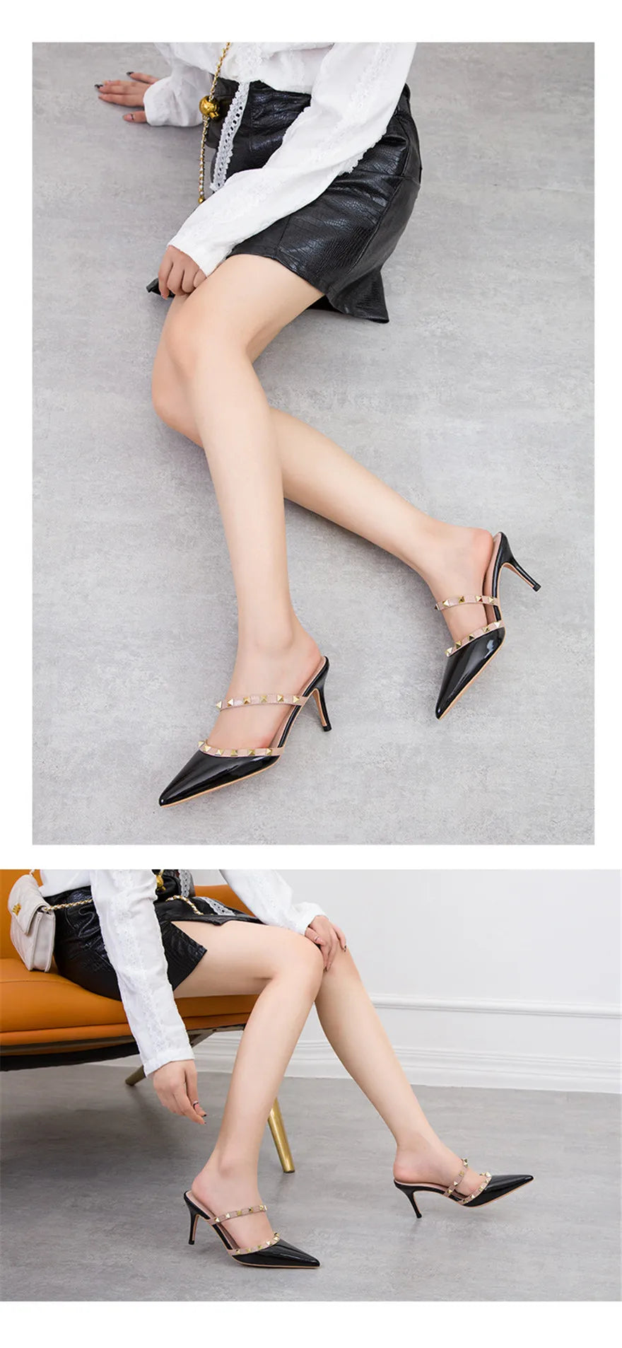 Fashion Rivet Slip On Women Slippers New Summer Pointy Toe High Heels Shoes Party Patent Leather Hollow Sexy Female Sandal Dress