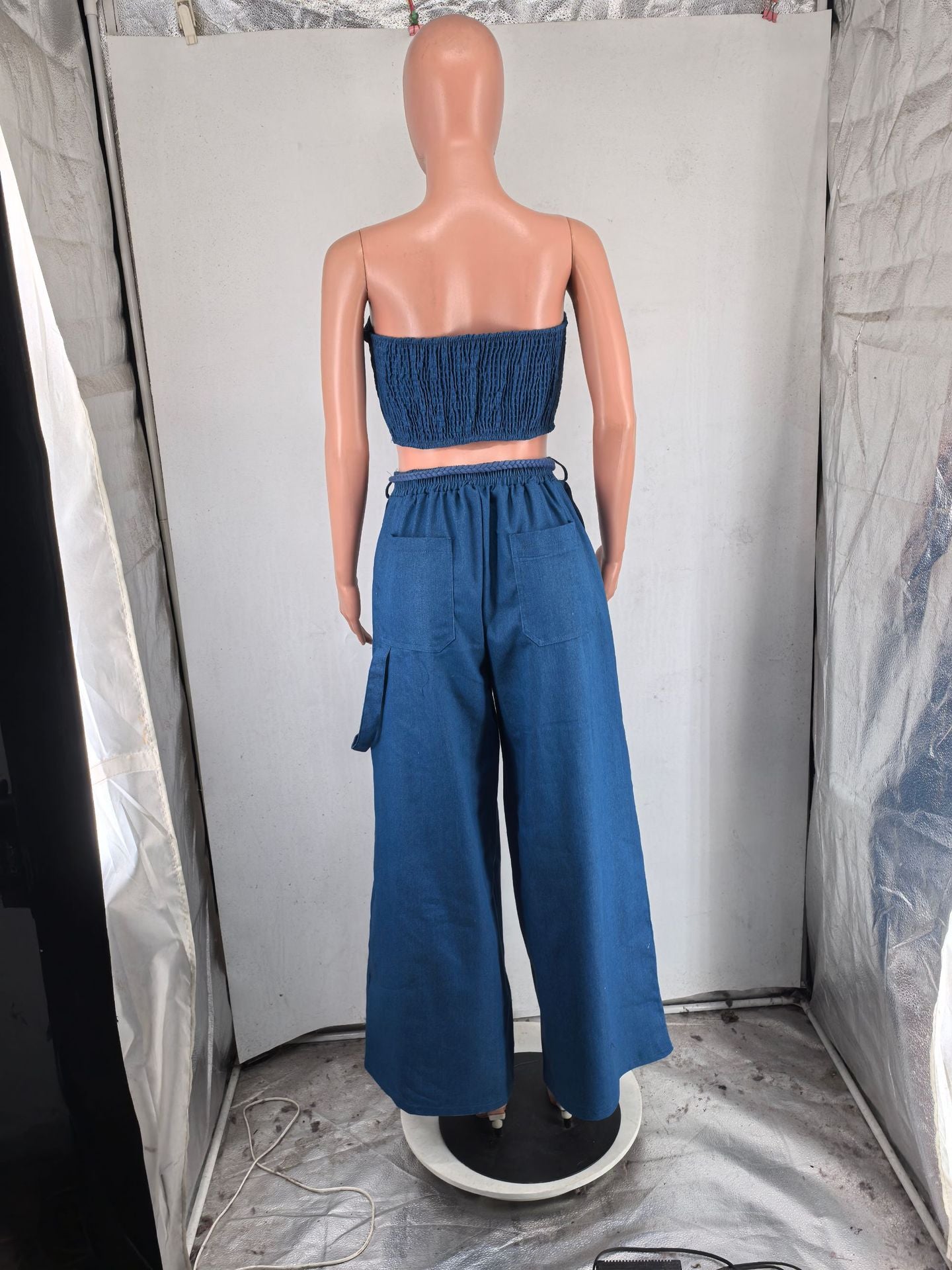 CM.YAYA Fashion Denim Women's Set Strapless Crop Top and Wide Leg Jeans Pants Suit 2024 Street Two 2 Piece Sets Outfit Tracksuit