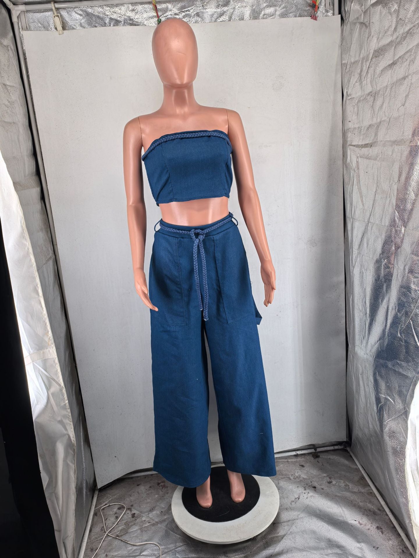 CM.YAYA Fashion Denim Women's Set Strapless Crop Top and Wide Leg Jeans Pants Suit 2024 Street Two 2 Piece Sets Outfit Tracksuit