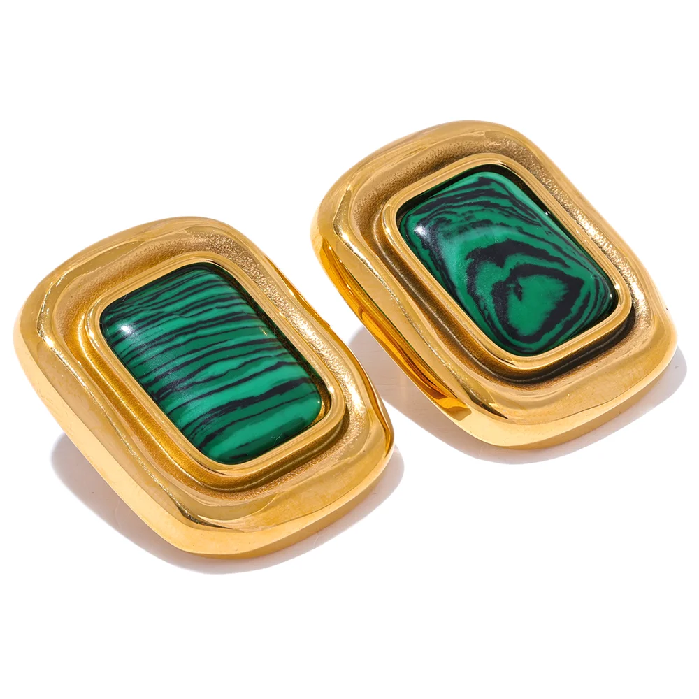 Yhpup Fashion Malachite Stone Stainless Steel Square Temperament Stud Earrings 18K Gold Color Waterproof Charm Jewelry for Women