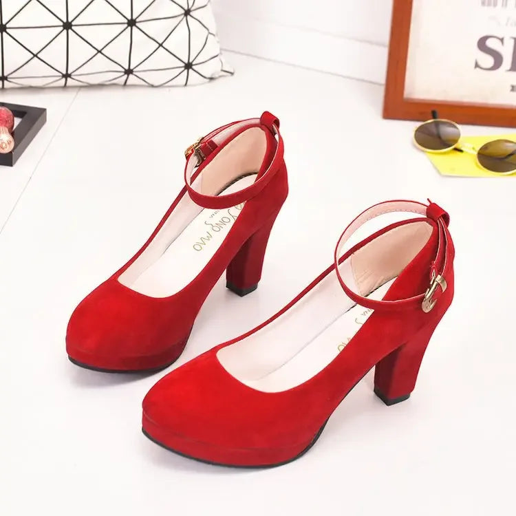 Spring Women Pumps Flock Sweet Thick High Heels Ankle Strap Female Platform Classic Round Toe Dress Cute Shoes Ladies Footwear