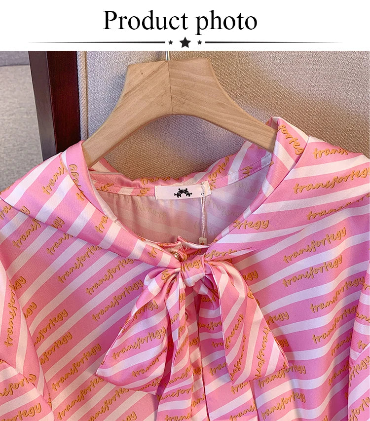 Plus size women's spring casual personality shirt Hooded design bow embellish party top Striped polyester commuter shirt