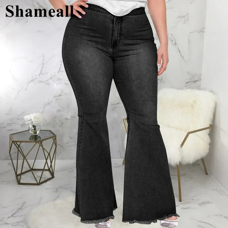 Plus Size High Waist Spliced Flared Jeans Mom 4XL Women Comfortable Elastic Tight Fringe Hem Wide Leg Trousers Women Bell Bottom