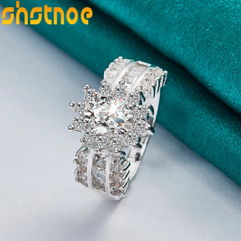 SHSTONE 925 Sterling Silver Fashion Zircon Sunflower Ring For Women Engagement Bridal Wedding Bands Charm Jewelry Accessories