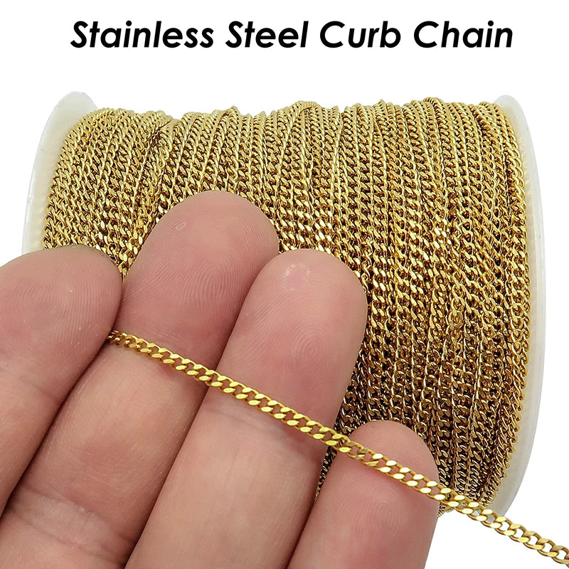 10 Meters - Black Chain Stainless Steel Curb Chain Gold Color Bulk Chain for Jewelry Making, Curb Link Chain for Women Necklace