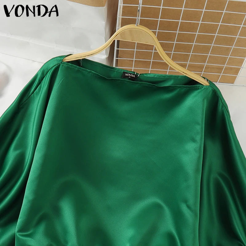 Plus Size Satin Silk Top Women Blouses Casual Long Lantern Sleeve Oversized Solid Color Blusas VONDA 2024 Bohemian O-Neck Tunic