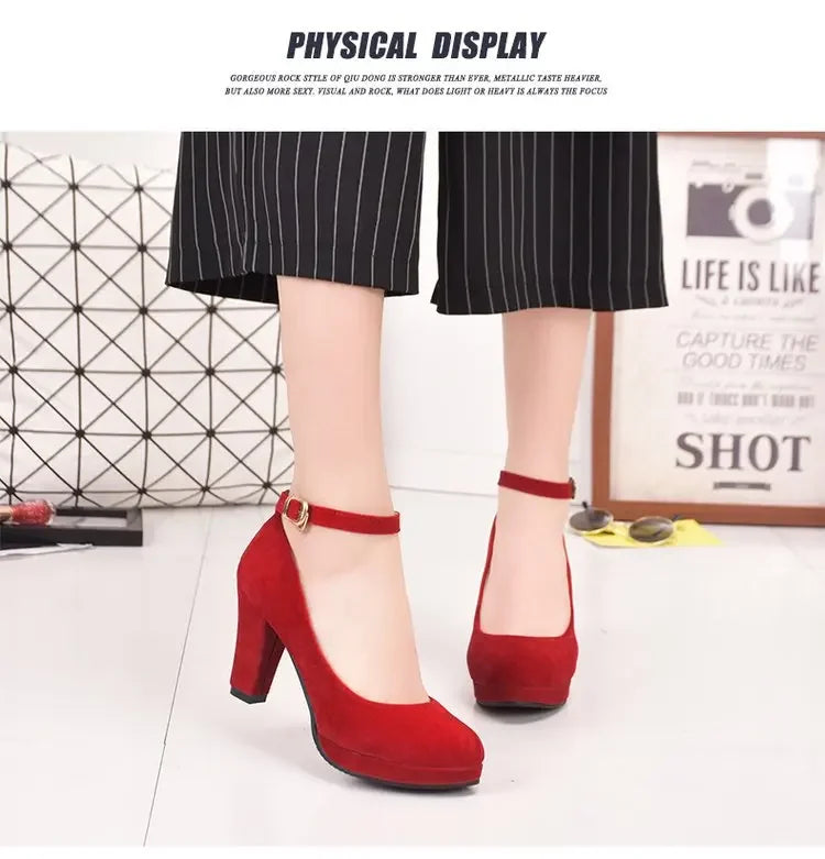 Spring Women Pumps Flock Sweet Thick High Heels Ankle Strap Female Platform Classic Round Toe Dress Cute Shoes Ladies Footwear