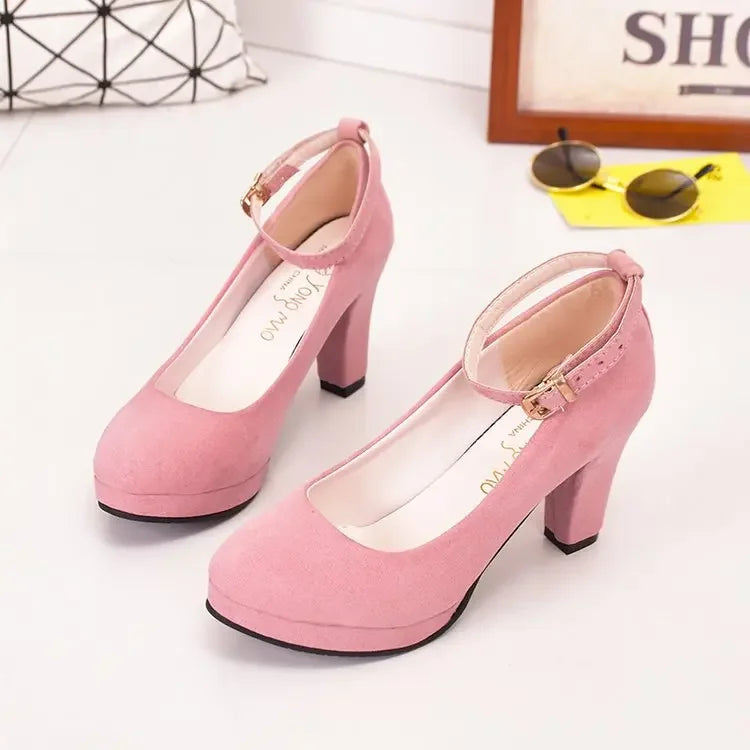 Spring Women Pumps Flock Sweet Thick High Heels Ankle Strap Female Platform Classic Round Toe Dress Cute Shoes Ladies Footwear