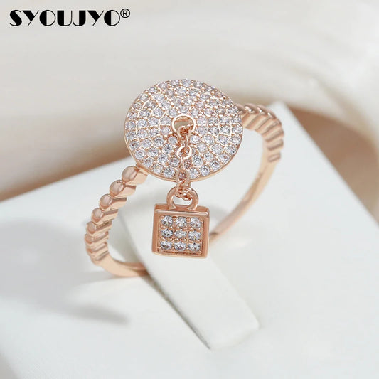 SYOUJYO Natural Zircon Full Paved Round Rings For Women With Lock Designer Works Trendy 585 Rose Gold Color Party Unique Jewelry