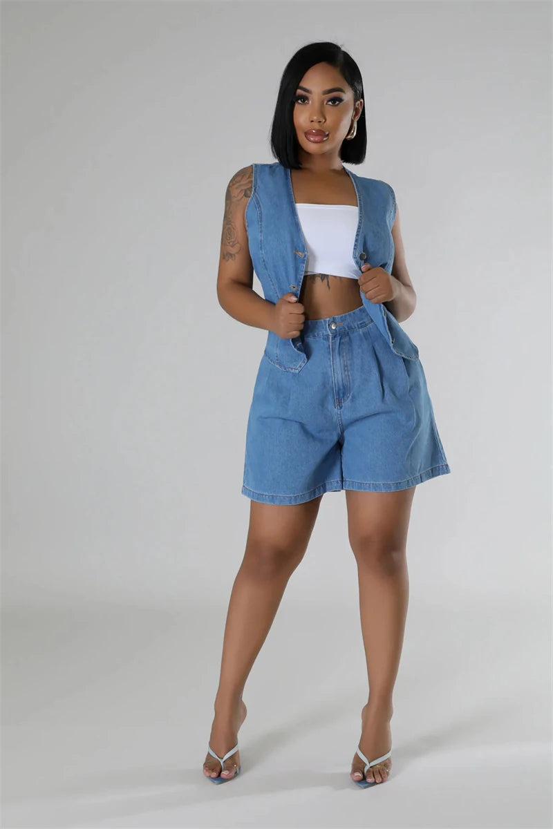 Denim Short Sets Women Two Piece Set Summer Clothes Women 2024 Sleeveless Jean Jacket Top Shorts Sets 2 Piece Sets Women Outfits