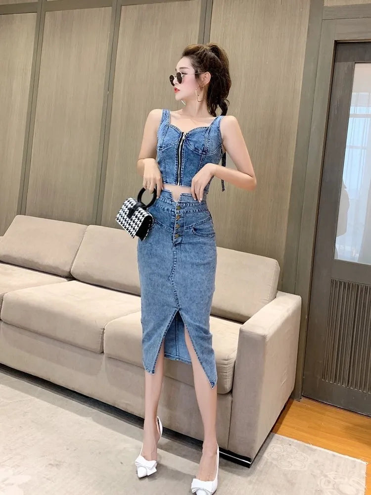 denim 2 piece set women, summer top and skirt two piece set Sexy elegant 2025 fashion midi skirt new in matching