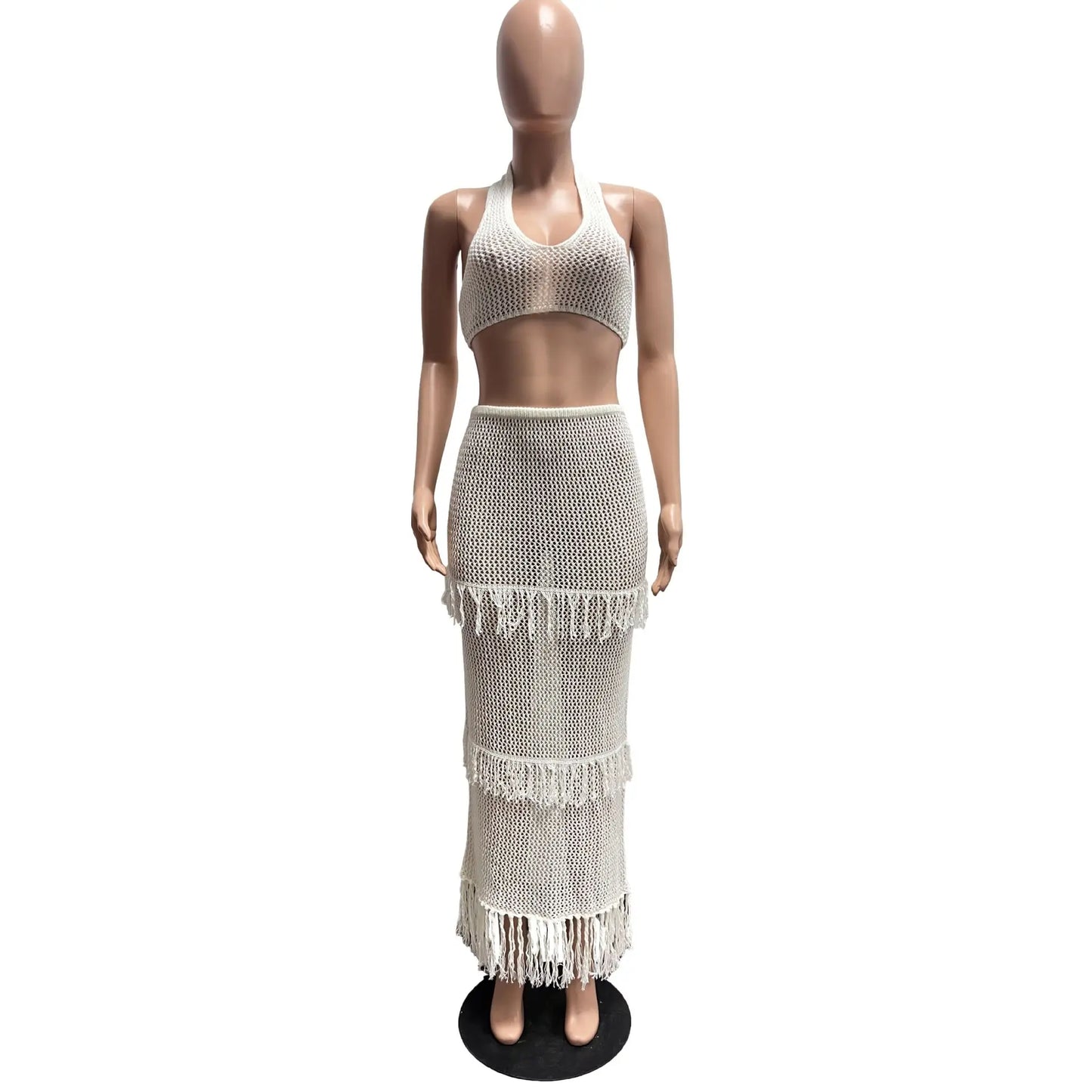 Leosoxs Beach Vacation 2 Piece Set Knit Women Y2K See Through Halter Low-Neck Tank Top+Tassel Multilayer Skirts Sexy Clubwear