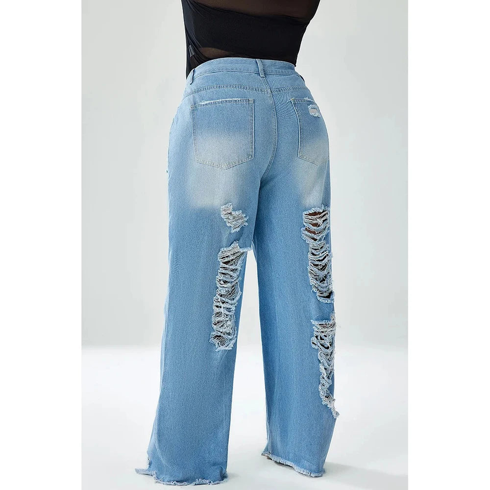 Plus Size Casual Denim Hollowed Out Wide Leg Pants Ripped Jeans