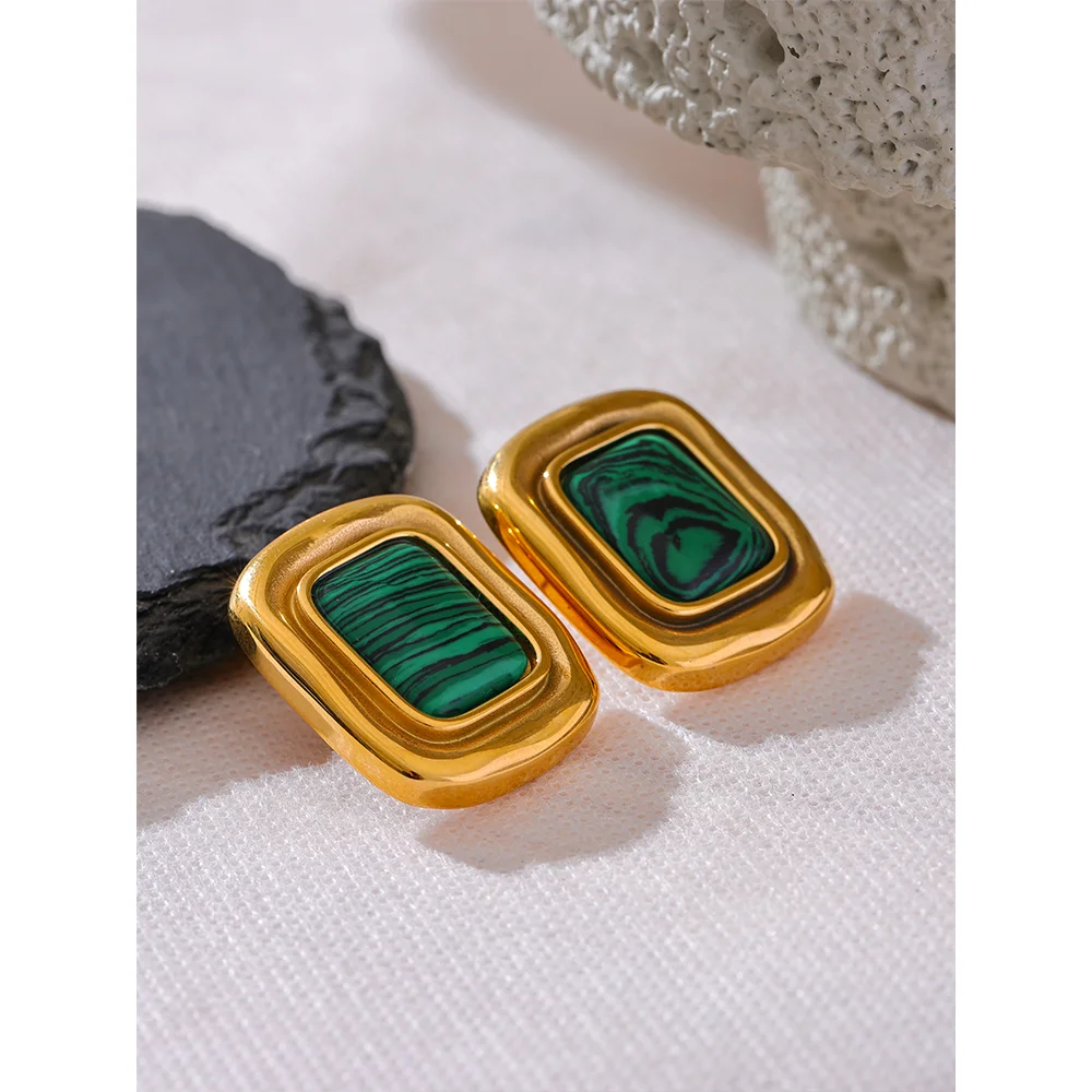 Yhpup Fashion Malachite Stone Stainless Steel Square Temperament Stud Earrings 18K Gold Color Waterproof Charm Jewelry for Women