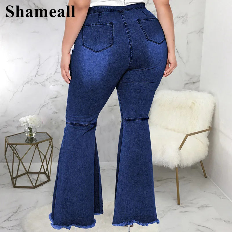 Plus Size High Waist Spliced Flared Jeans Mom 4XL Women Comfortable Elastic Tight Fringe Hem Wide Leg Trousers Women Bell Bottom