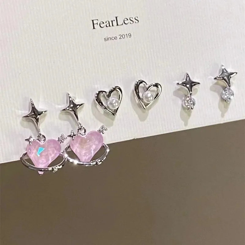 KADRUFI Y2K 2023 Pink Heart Rhinestone Pearl Star Stud Earrings Women Korean Fashion Piercing Earring Kpop brincos Jewelry Set