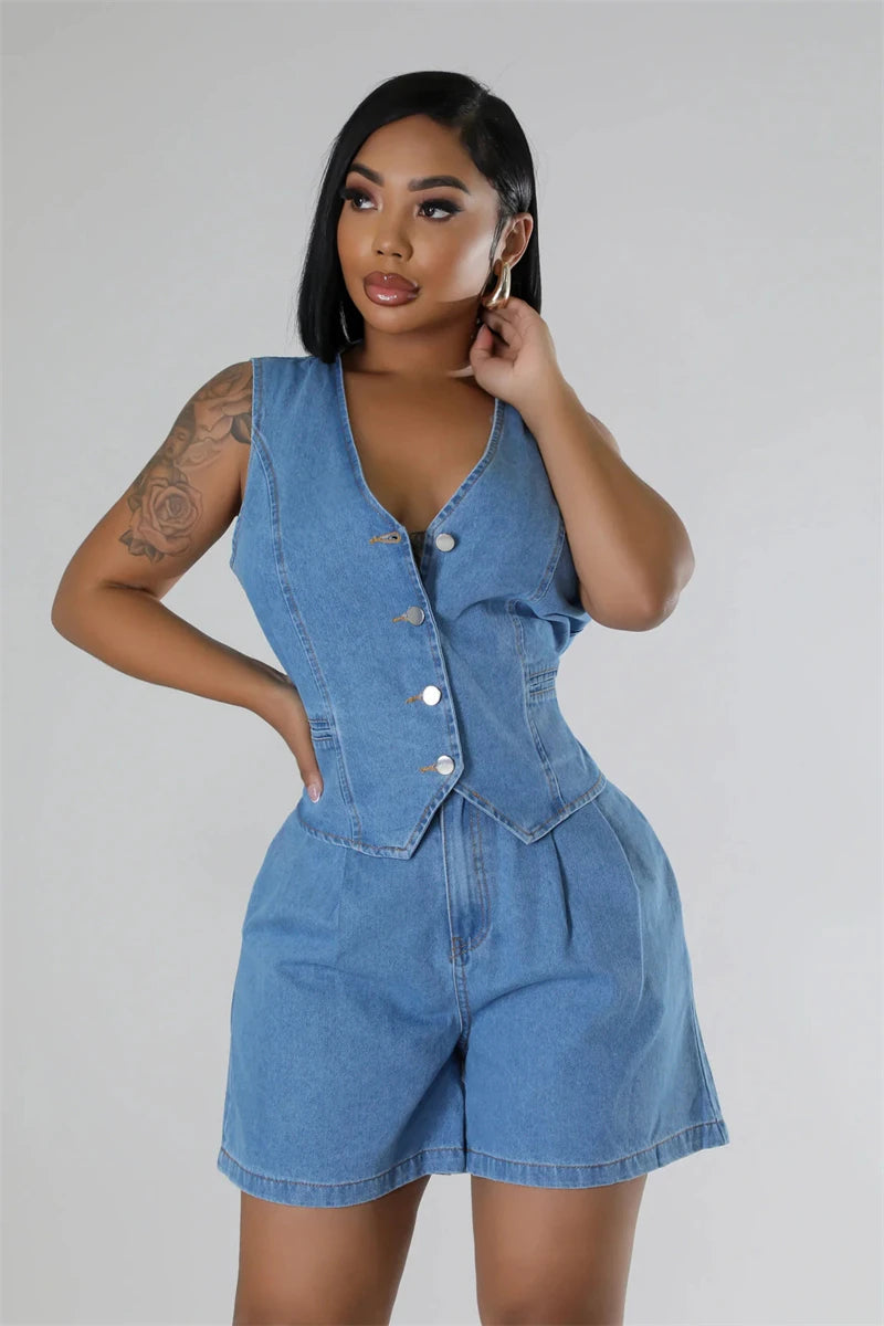 Denim Short Sets Women Two Piece Set Summer Clothes Women 2024 Sleeveless Jean Jacket Top Shorts Sets 2 Piece Sets Women Outfits