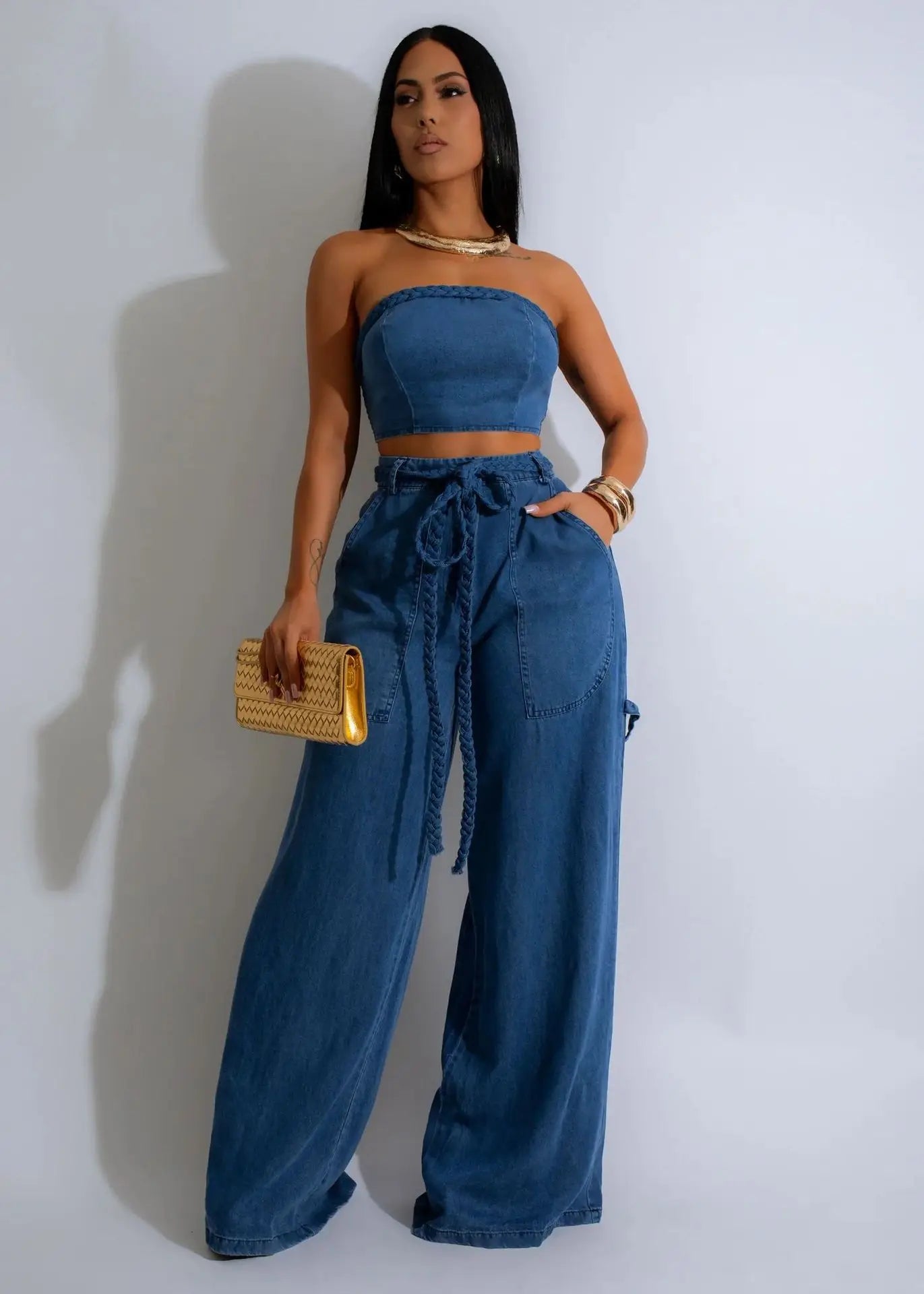 CM.YAYA Fashion Denim Women's Set Strapless Crop Top and Wide Leg Jeans Pants Suit 2024 Street Two 2 Piece Sets Outfit Tracksuit