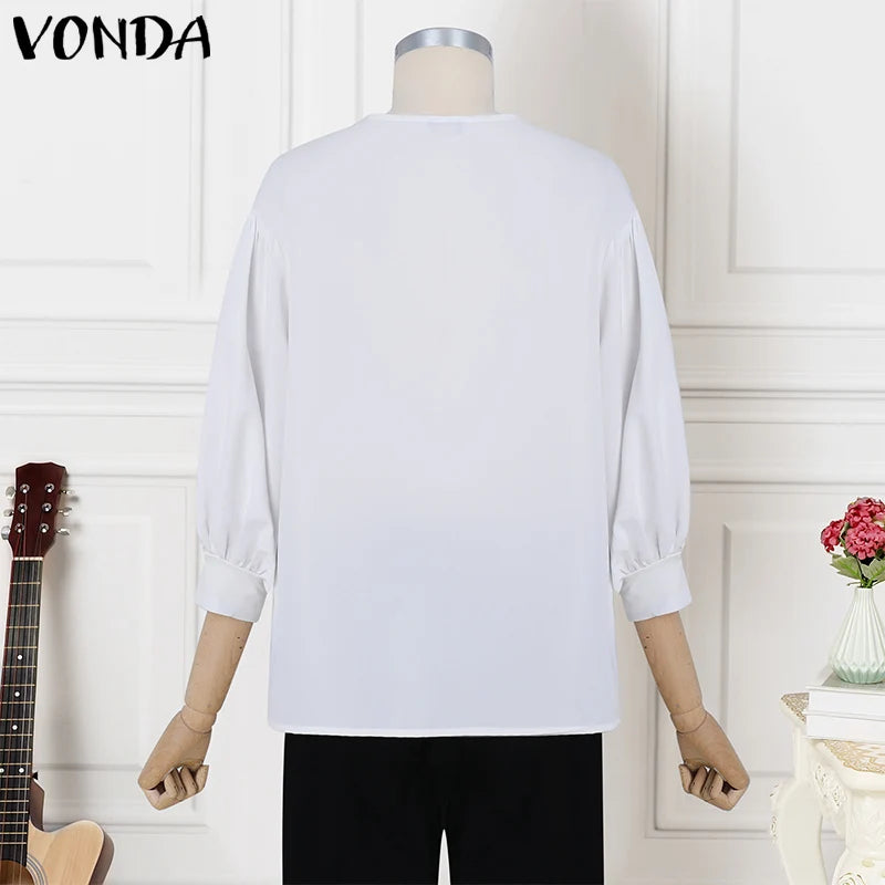 Plus Size VONDA Women Elegant Blouse Casual Lantern Quarter Sleeve Shirts Solid Color Button Round Neck Blusas Lady Office Tops