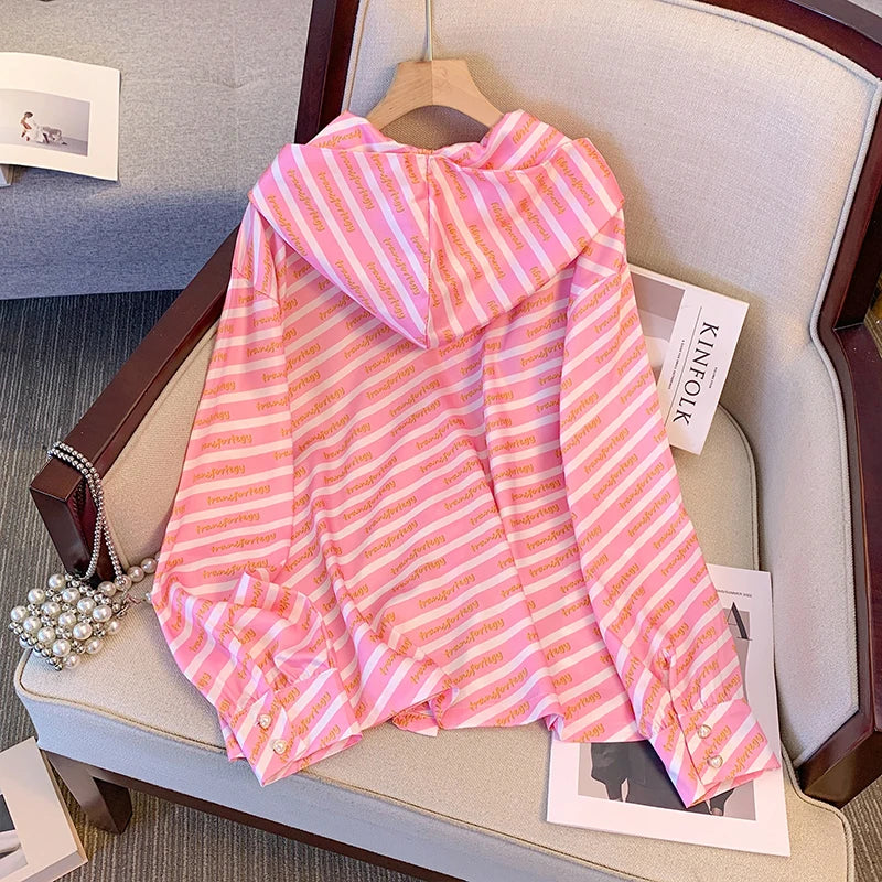 Plus size women's spring casual personality shirt Hooded design bow embellish party top Striped polyester commuter shirt