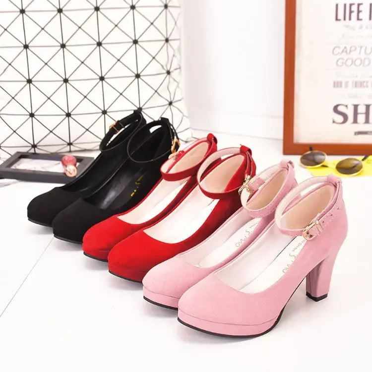 Spring Women Pumps Flock Sweet Thick High Heels Ankle Strap Female Platform Classic Round Toe Dress Cute Shoes Ladies Footwear