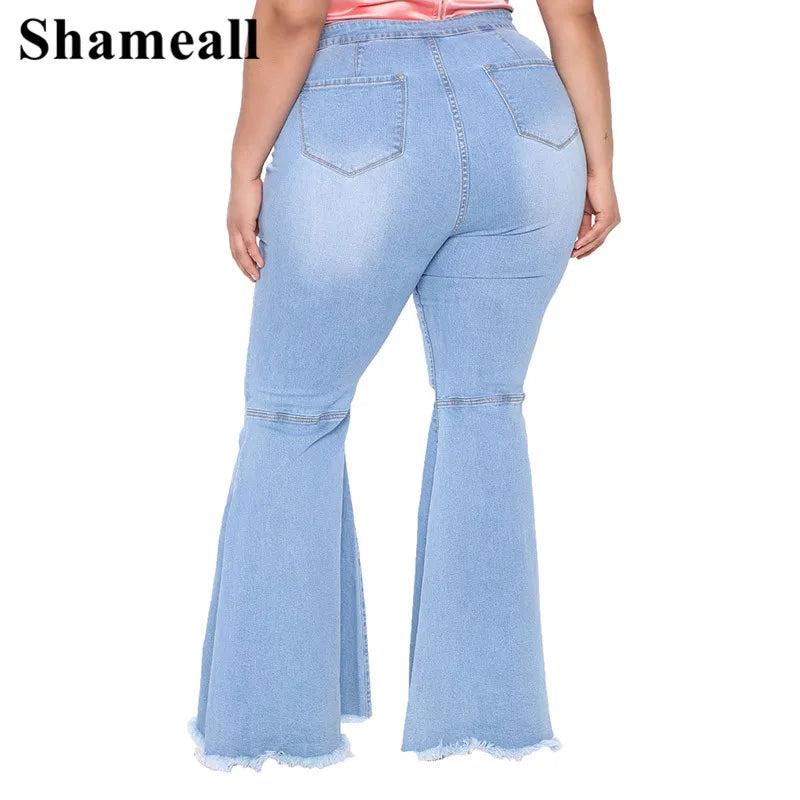 Plus Size High Waist Spliced Flared Jeans Mom 4XL Women Comfortable Elastic Tight Fringe Hem Wide Leg Trousers Women Bell Bottom