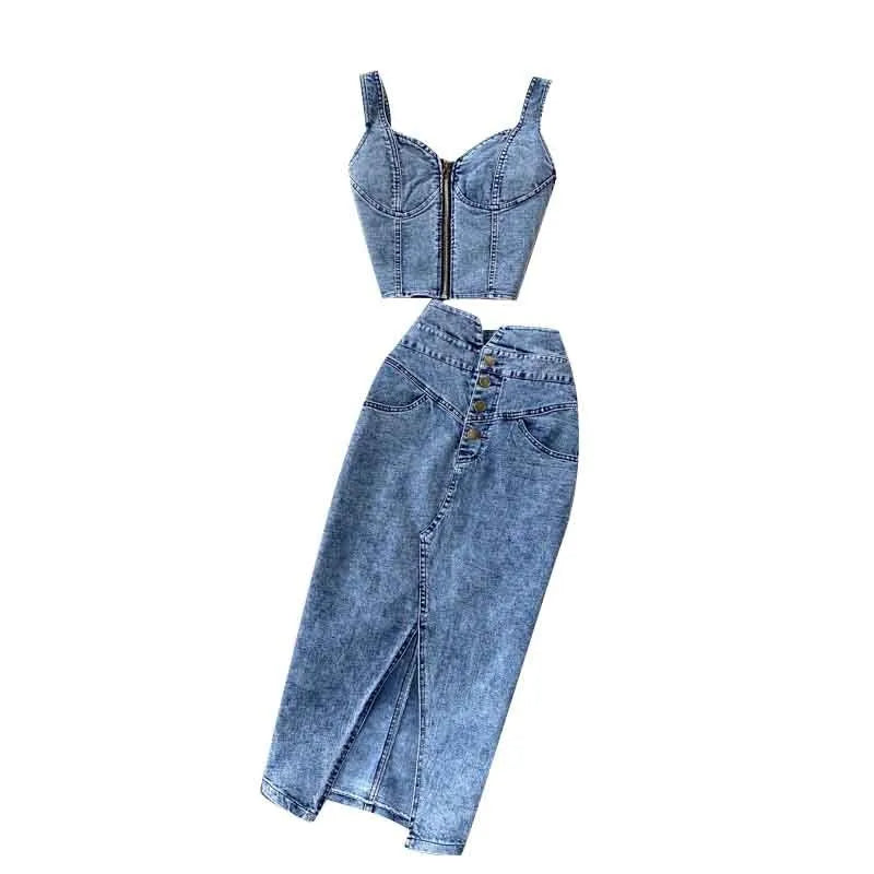 denim 2 piece set women, summer top and skirt two piece set Sexy elegant 2025 fashion midi skirt new in matching