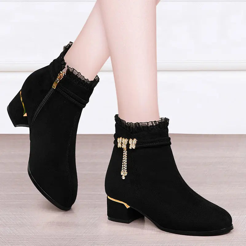 Women's Bow Rhinestone Short Boots Round Head Chunky Heel Shoes Side Zip Tassel Pendant Comfortable Non-slip Party High Heels