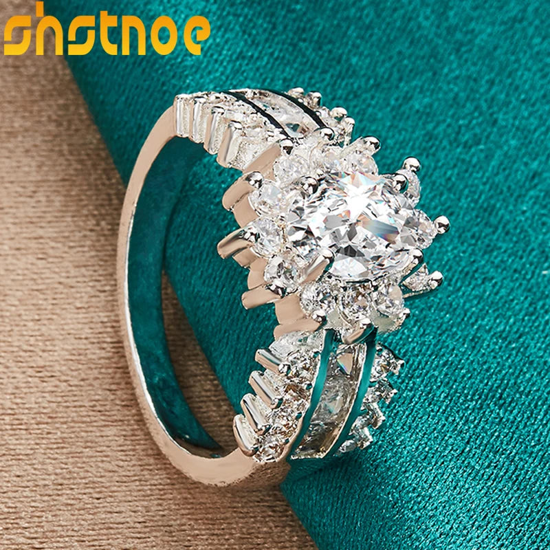 SHSTONE 925 Sterling Silver Fashion Zircon Sunflower Ring For Women Engagement Bridal Wedding Bands Charm Jewelry Accessories