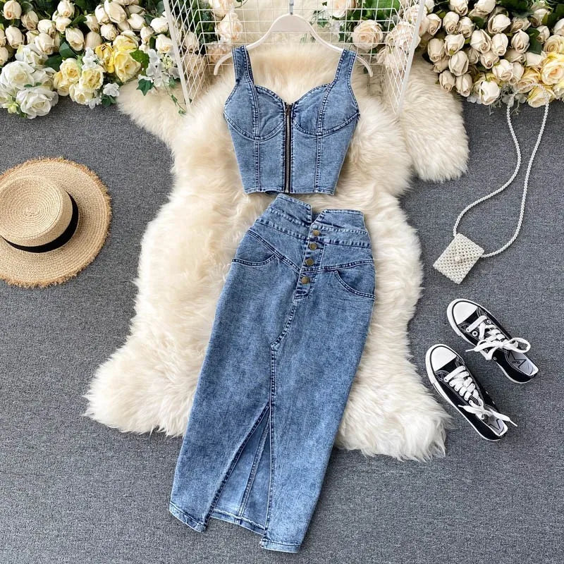 denim 2 piece set women, summer top and skirt two piece set Sexy elegant 2025 fashion midi skirt new in matching