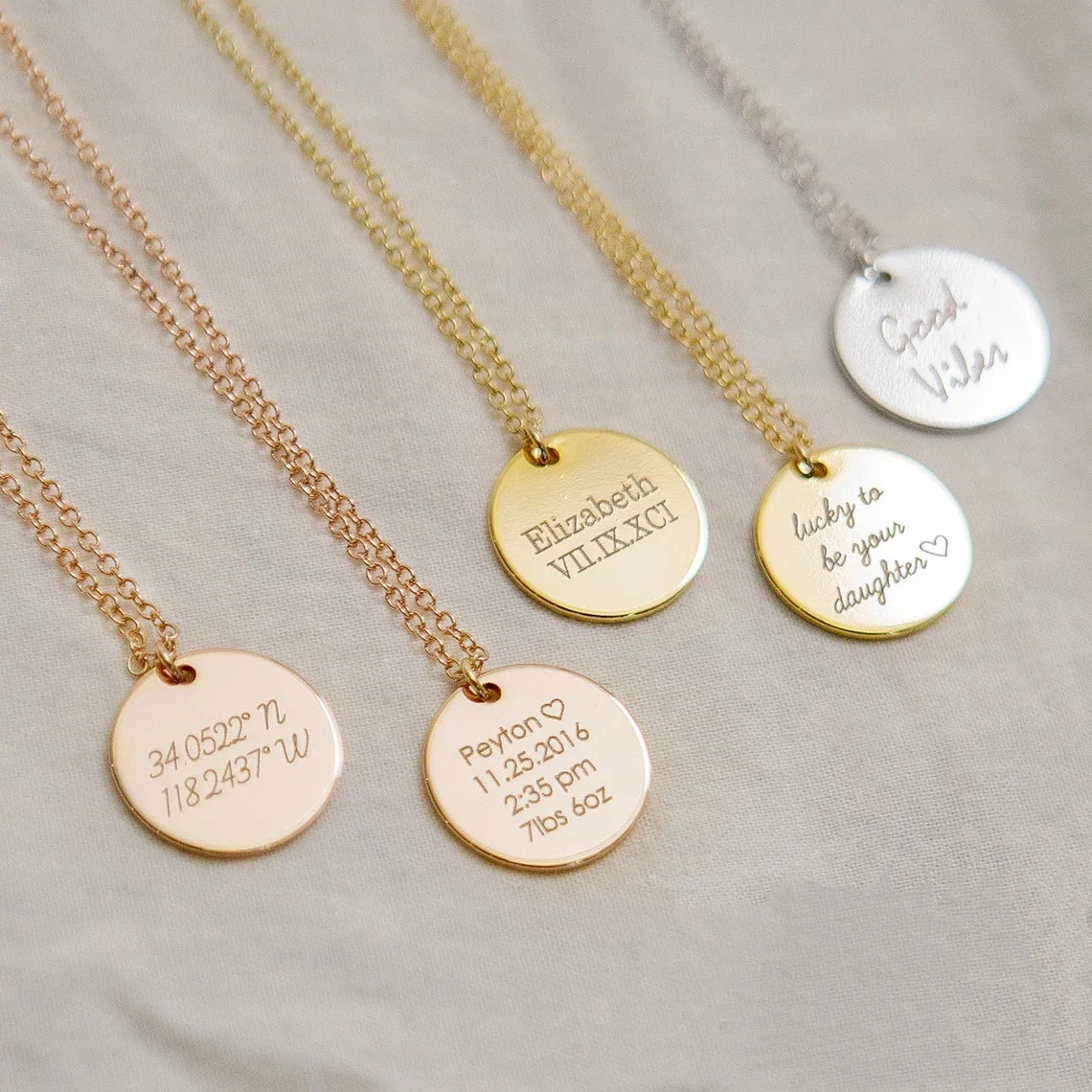 Custom Engraved Names Date Stainless Steel Round Pendant Necklace Personalization Included Text Free with Chain Gift for Lovers