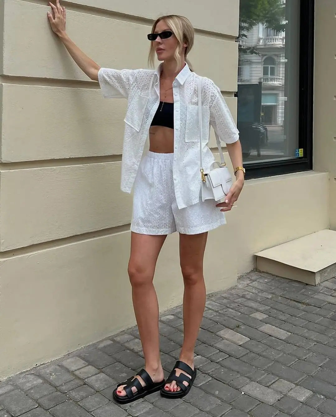 Trendy Summer Shorts Two Piece Set Women Fashion Lace Hollow Out Short Sleeves Shirt Short Pants Sets Female Summer 2 Piece Suit